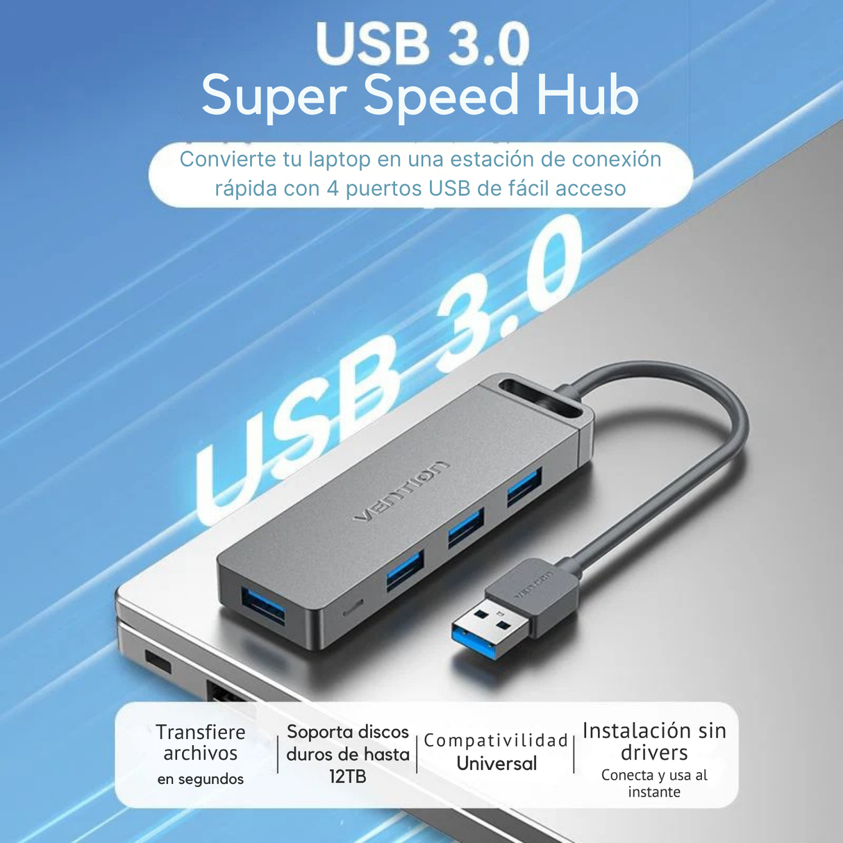 Adaptador Usb 3.0 Vention Hub 4 En 1 Multipuerto Laptop P Negro