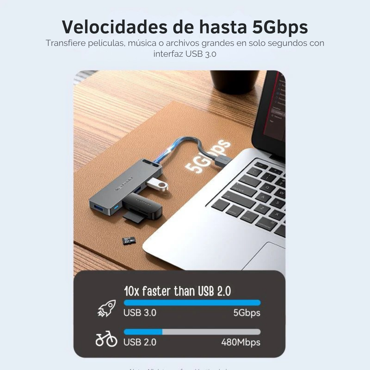 Adaptador Usb 3.0 Vention Hub 4 En 1 Multipuerto Laptop P Negro