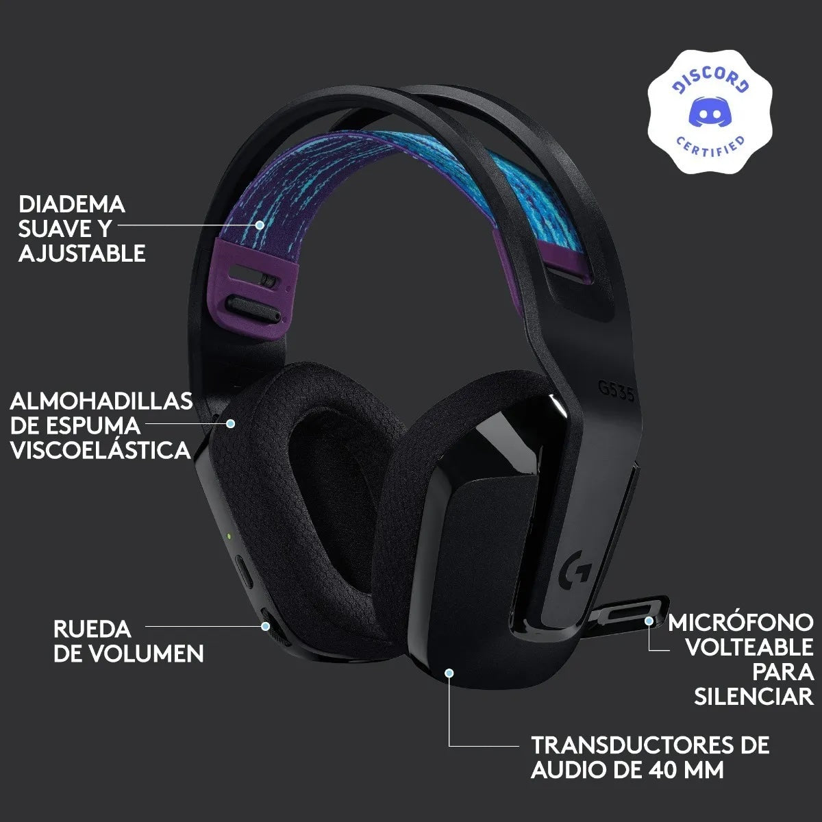 Audífonos Gamer Inalámbrico Logitech G535 Lightspeed, Over-Ear, Receptor USB Wireless, USB-C, Negro