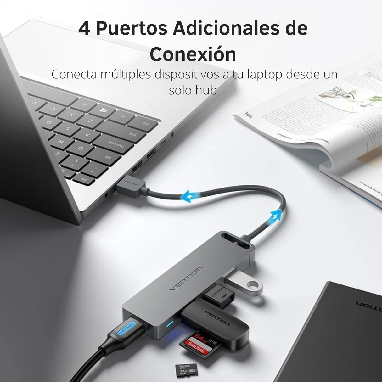 Adaptador Usb 3.0 Vention Hub 4 En 1 Multipuerto Laptop P Negro