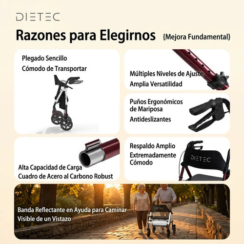 Andador con ruedas giratorias 360 grados y frenos de mano tipo mariposa