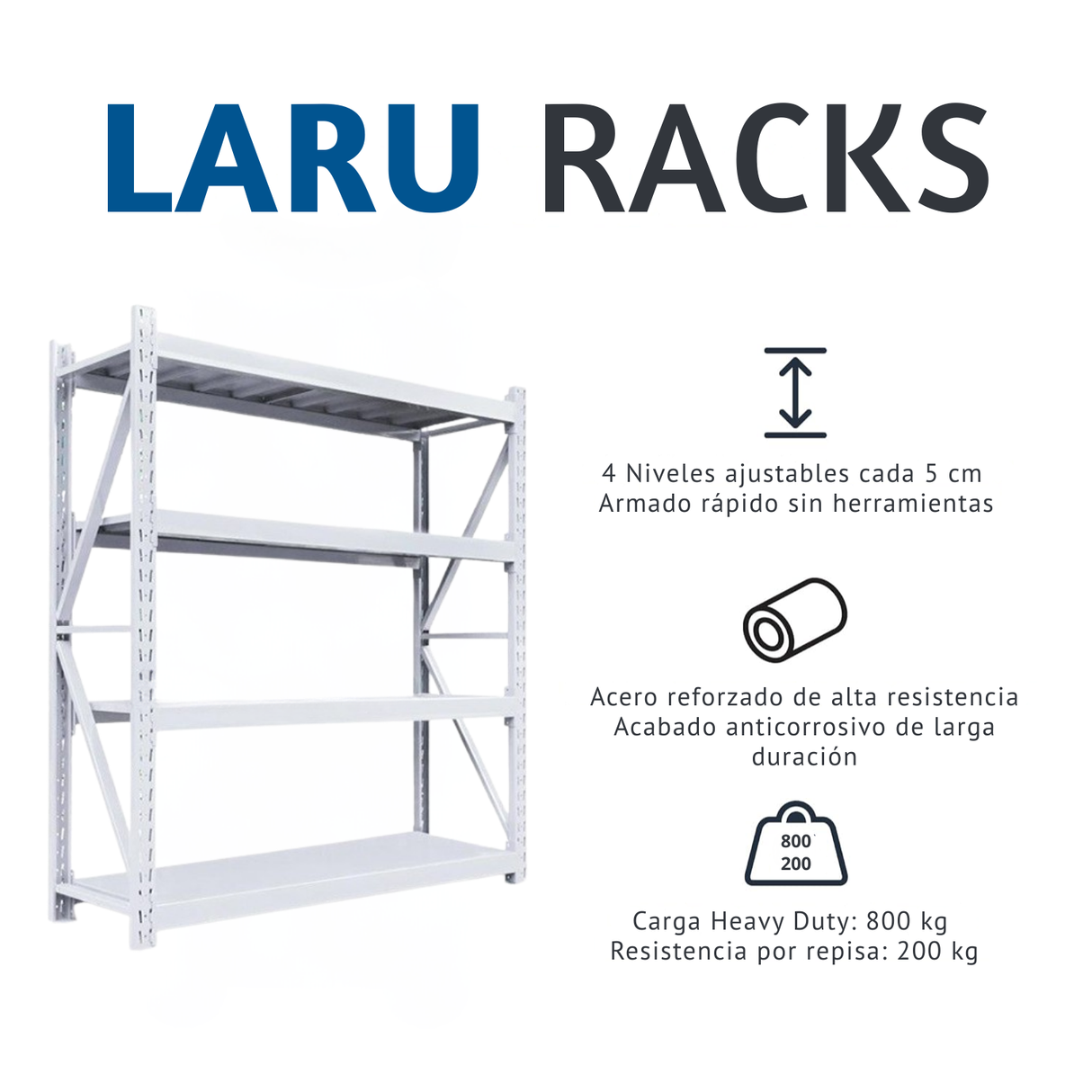 Estante metálico industrial Laru Racks color blanco con cuatro bandejas de acero ajustables