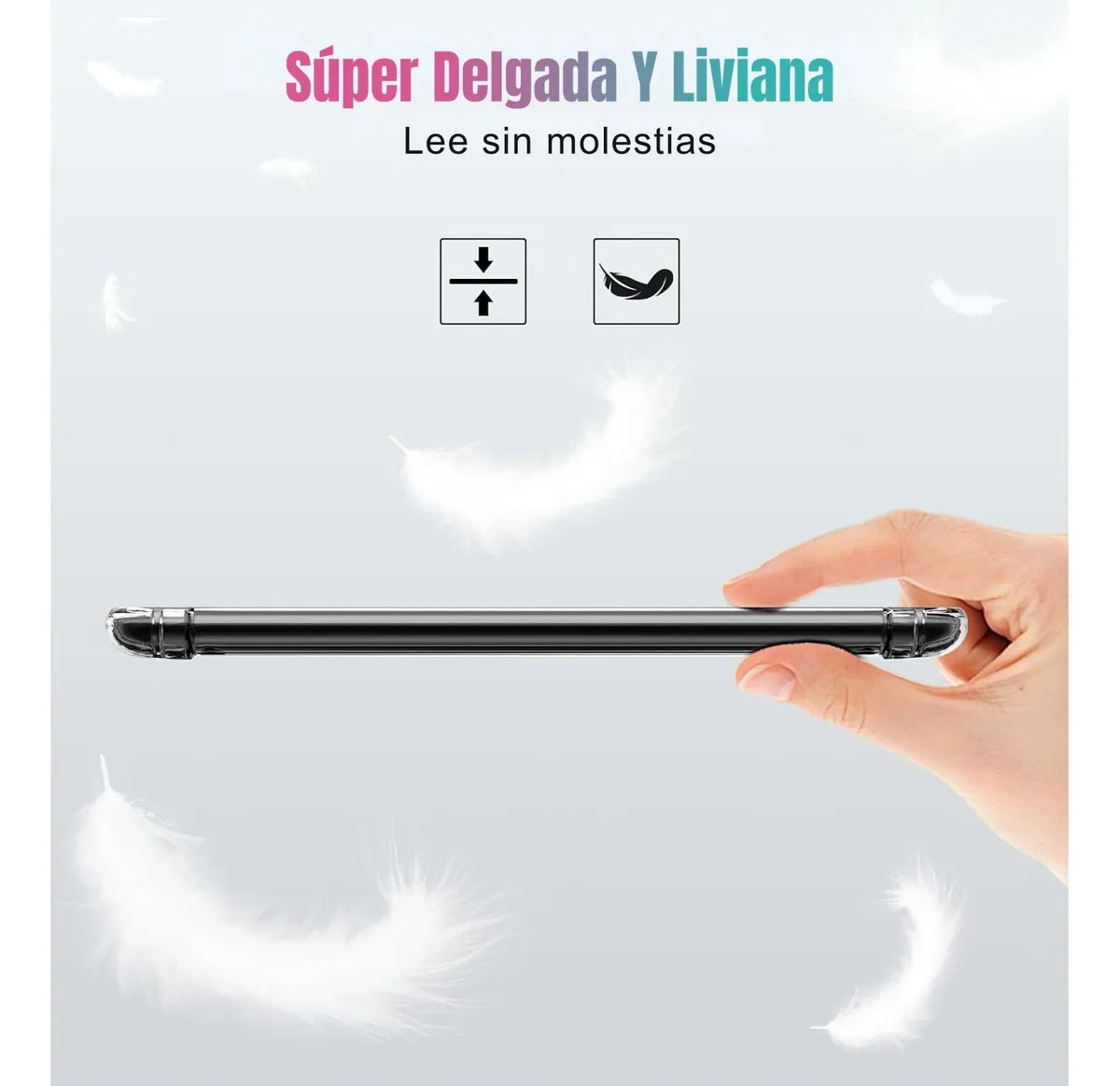 Una mano sostiene el Kindle 2024 de 11va generación (6") ultrafino con funda DIETEC transparente + mica, sobre un fondo claro y plumas flotantes. El texto en español dice: "Súper Delgada y Liviana. Lee sin molestias". Los iconos muestran delgadez y protección ligera.