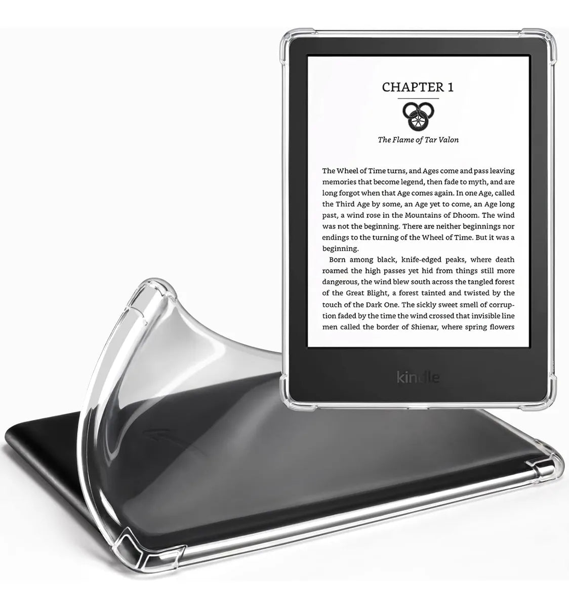 Se muestra una funda DIETEC transparente + mica para Kindle 2024 (11va Gen, 6"). Un Kindle muestra el texto del libro, mientras que otro resalta la funda transparente, flexible y resistente a los golpes. El logotipo de "Kindle" aparece en la parte inferior.