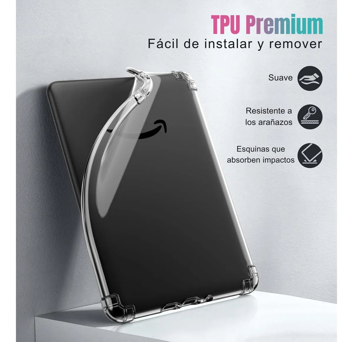 Se muestra una DIETEC Funda Transparente + Mica para Kindle 2024 11va Gen (6") en una tableta. Los iconos resaltan la textura suave, la resistencia a los rayones y las esquinas antigolpes. Notas de texto en español fácil instalación/remoción y TPU Premium.