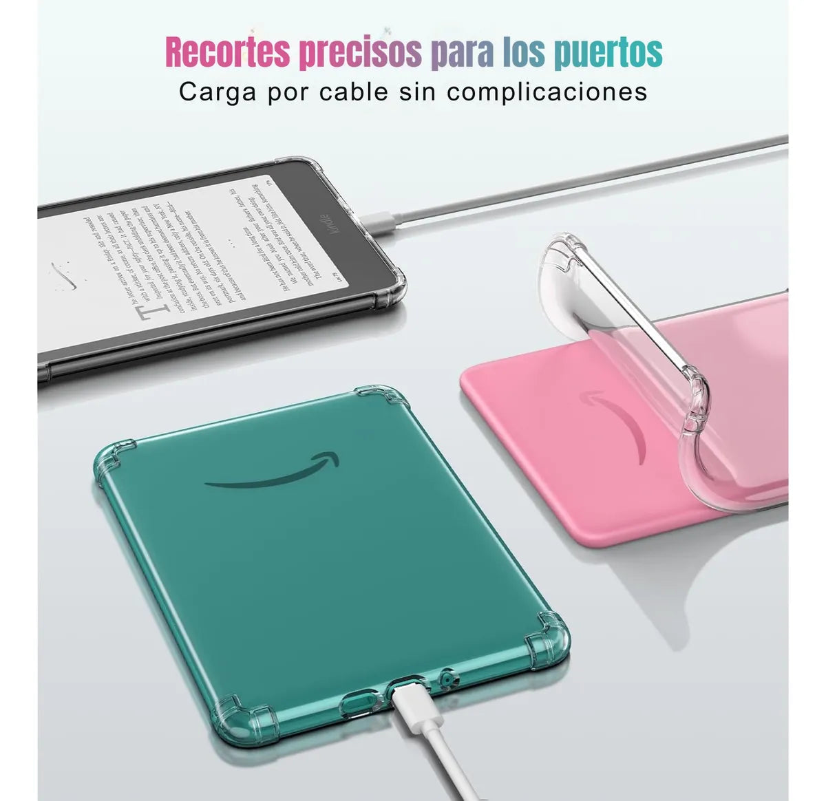 Se muestran dos fundas DIETEC Funda Transparente + Mica para Kindle 2024 de 11va generación (6") en verde azulado y rosa, cargándose por USB. La imagen destaca los recortes precisos para los puertos, lo que facilita la carga, y el texto en español indica la función de protección antigolpes.