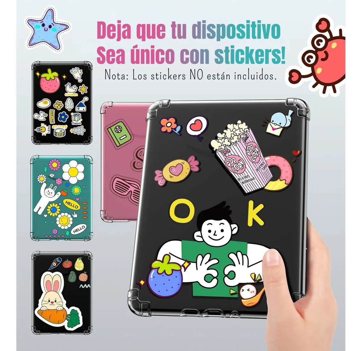 Cinco fundas DIETEC Funda Transparente + Mica para Kindle 2024 (11va Gen, 6") lucen pegatinas de animales y comida. Una mano muestra opción DIY. Personaliza y protege tu dispositivo con estilo antigolpes.