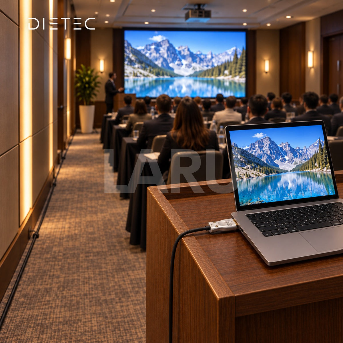 Cable HDMI de fibra óptica DIETEC conectado a un notebook en un auditorio con proyector