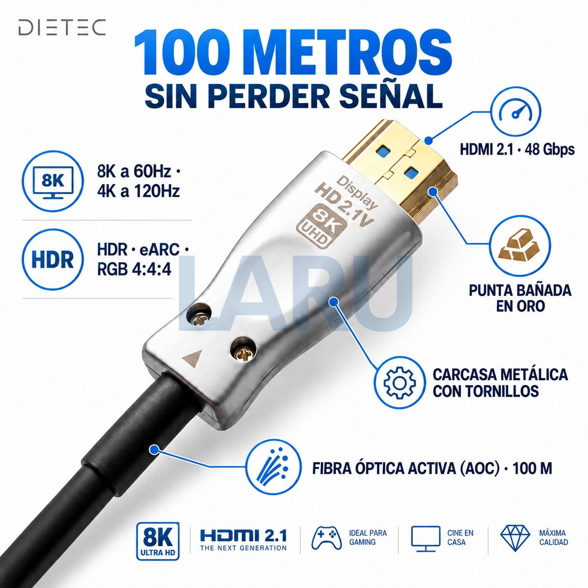 Especificaciones cable HDMI 2.1 fibra óptica DIETEC 100 m: 48 Gbps, 8K 60Hz, 4K 120Hz, HDR, eARC