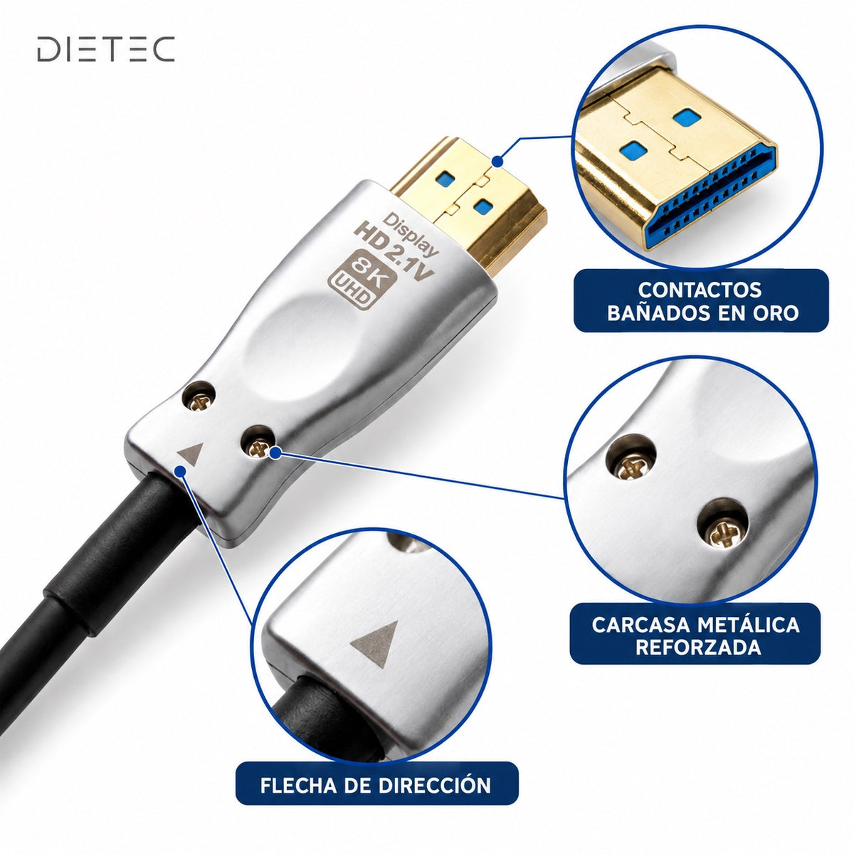 Detalle del conector DIETEC: contactos bañados en oro, carcasa metálica y flecha de dirección