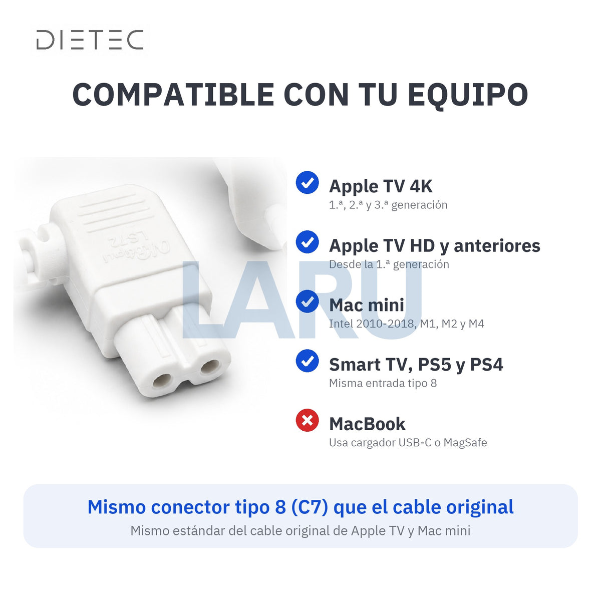 Compatibilidad del cable de poder tipo 8 DIETEC blanco