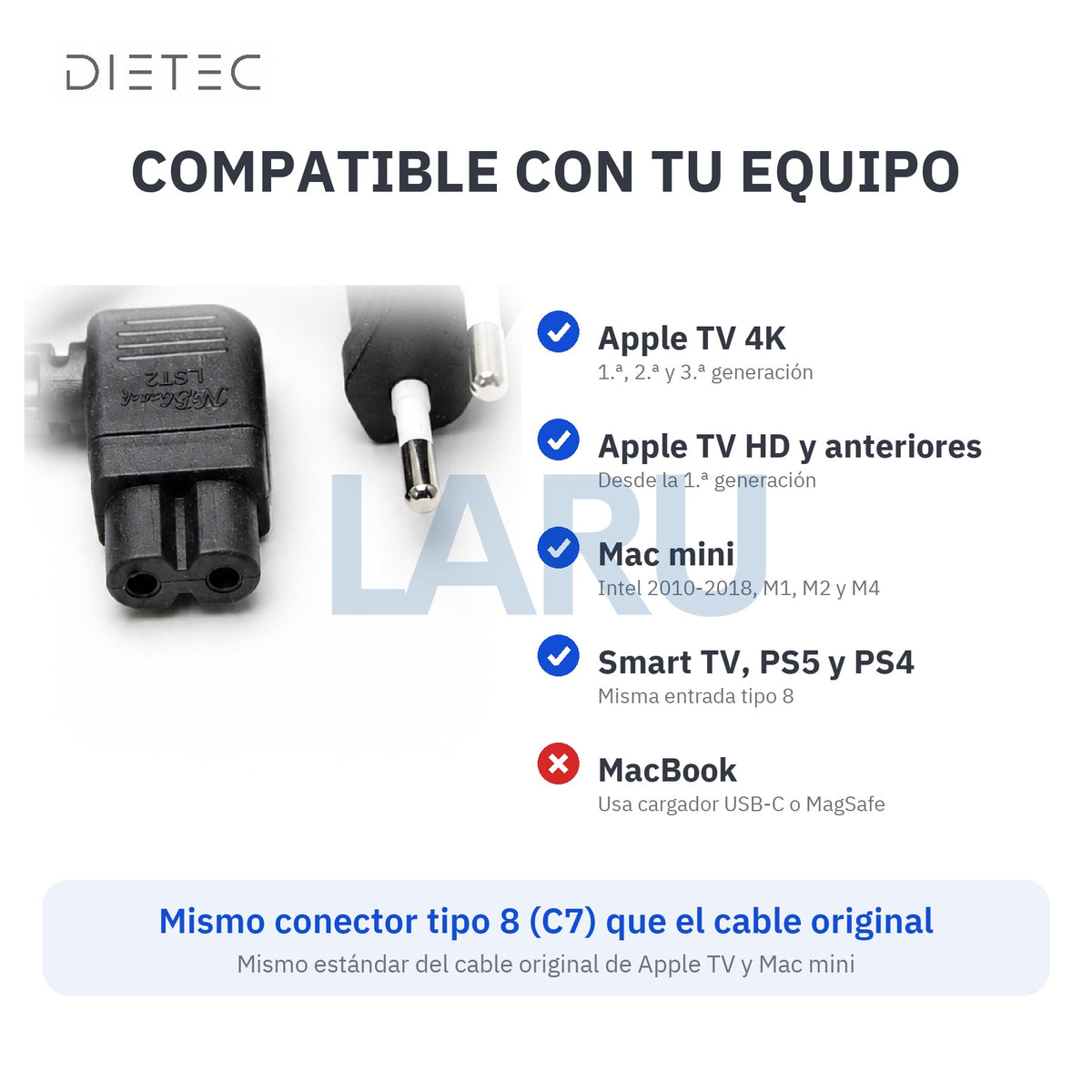 Compatibilidad del cable de poder tipo 8 DIETEC negro
