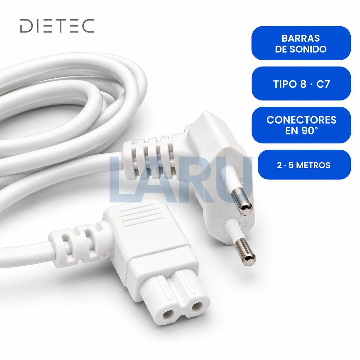 Cable de poder tipo 8 DIETEC blanco: conectores en 90°, 2 y 5 metros