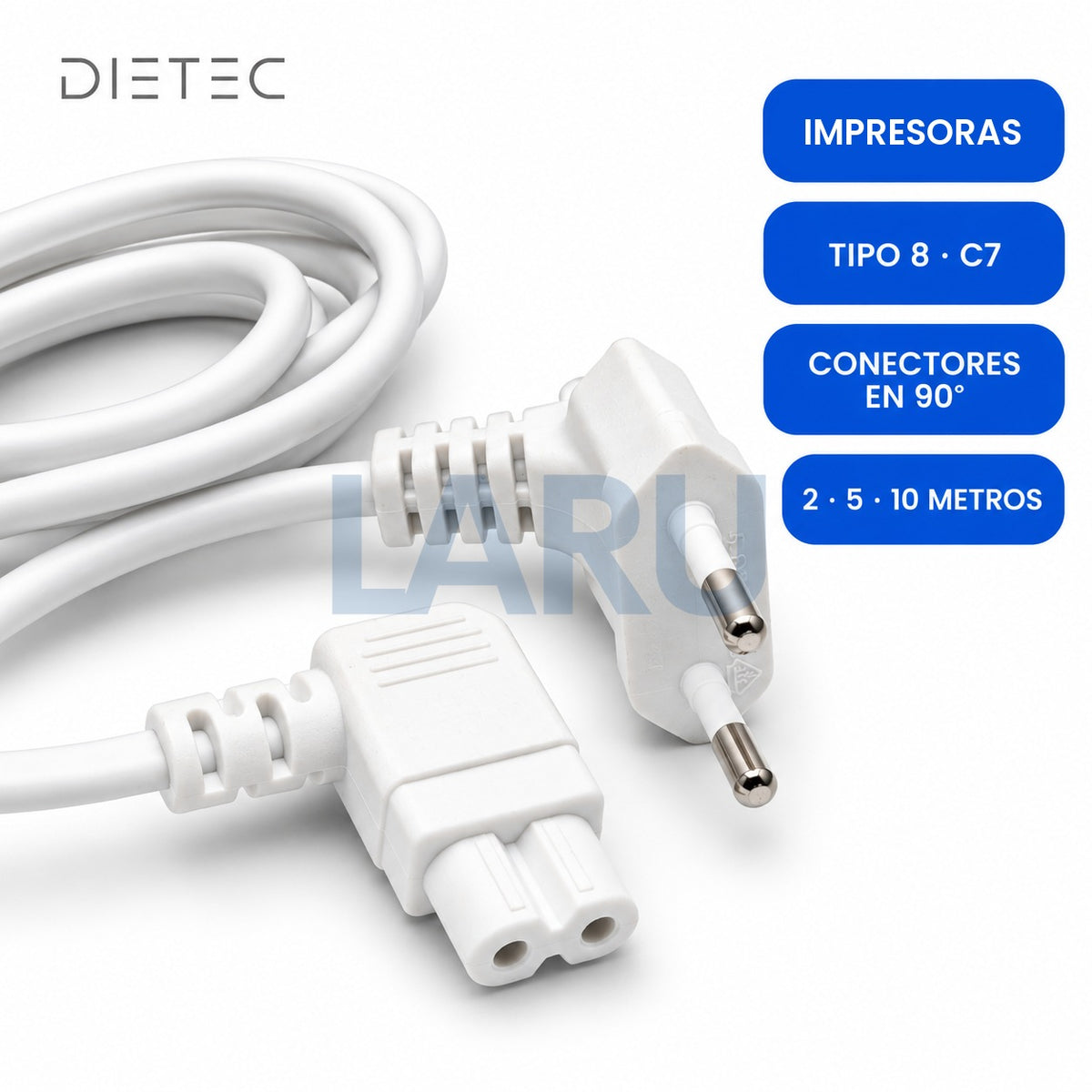 Cable de poder tipo 8 DIETEC blanco para impresora: conectores en 90°, 2, 5 y 10 metros