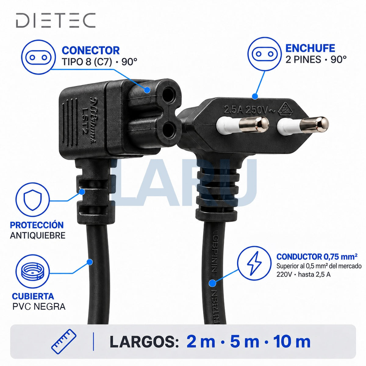 Especificaciones del cable de poder tipo 8 DIETEC negro: conductor 0,75 mm², cubierta PVC, 220V 2,5 A