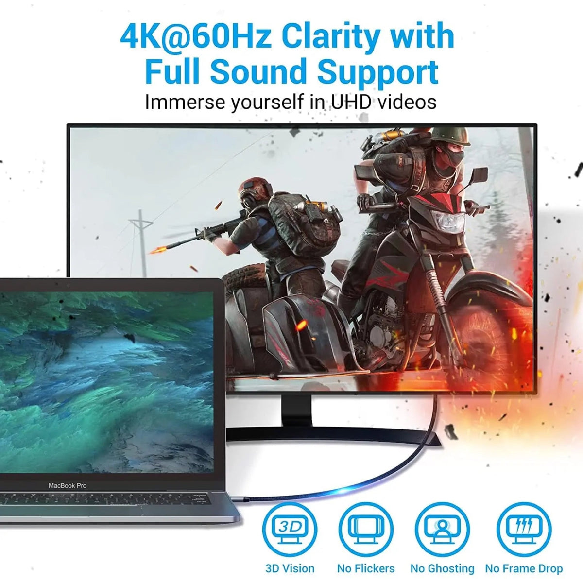 Cable USB-C a HDMI Vention llevando video 4K a 60 Hz con audio desde un notebook a un monitor grande