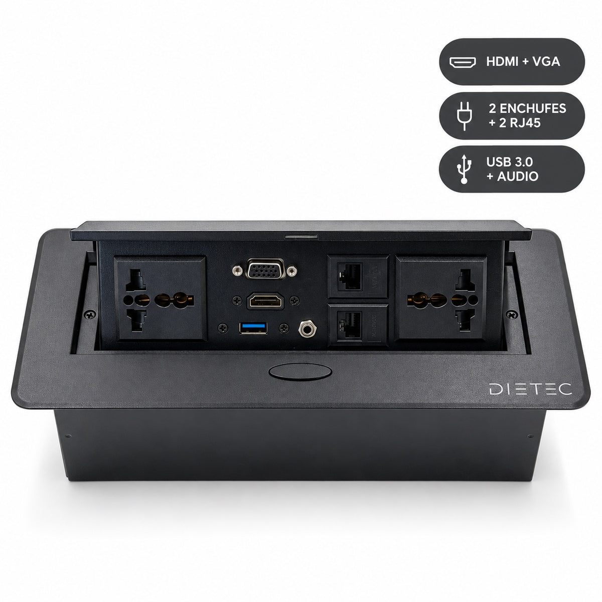 Caja de conexión DIETEC con HDMI + VGA, 2 enchufes + 2 RJ45, USB 3.0 + audio