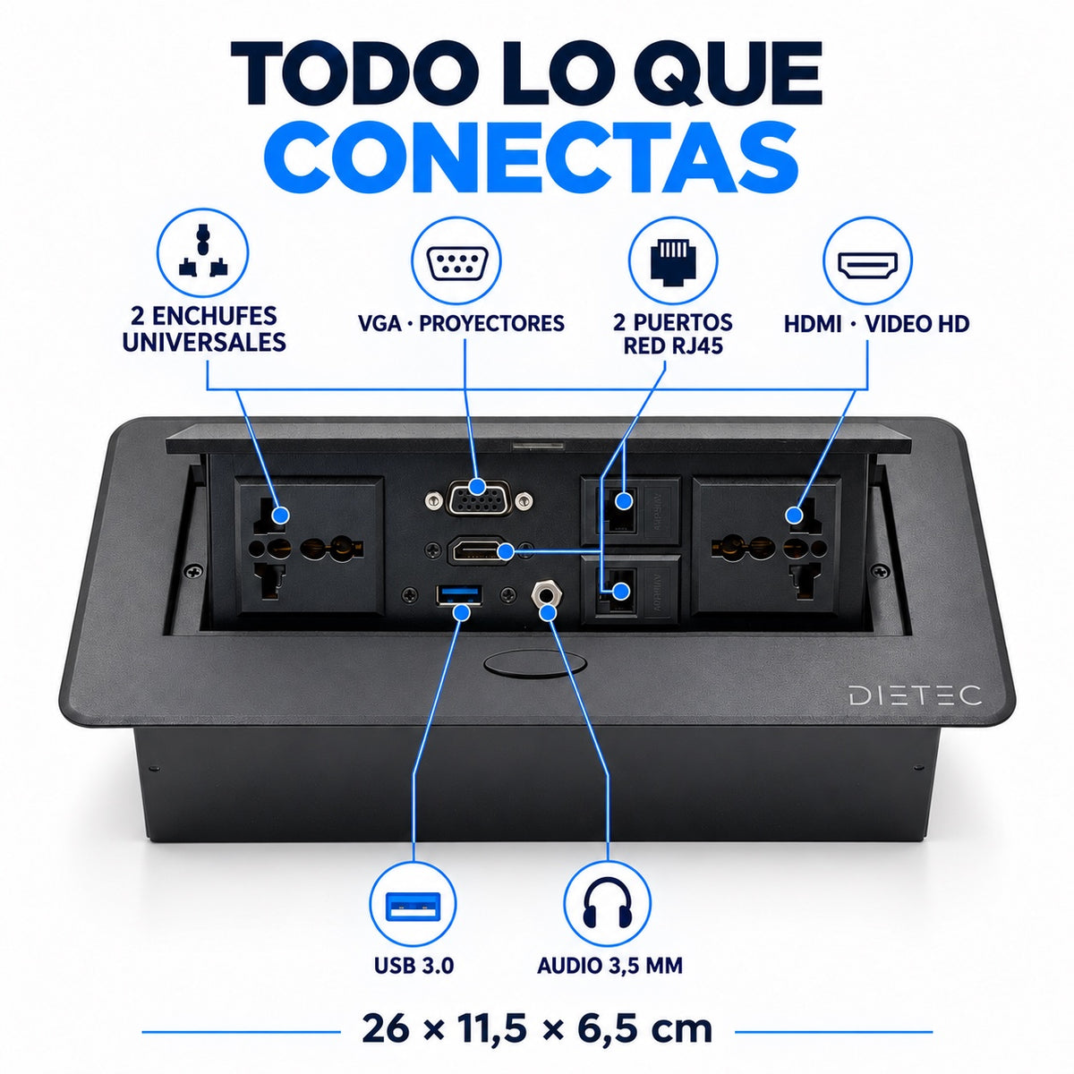 Especificaciones caja de conexión DIETEC: 2 enchufes, HDMI, VGA, USB 3.0, audio 3,5 mm, 2 RJ45, 26 x 11,5 x 6,5 cm