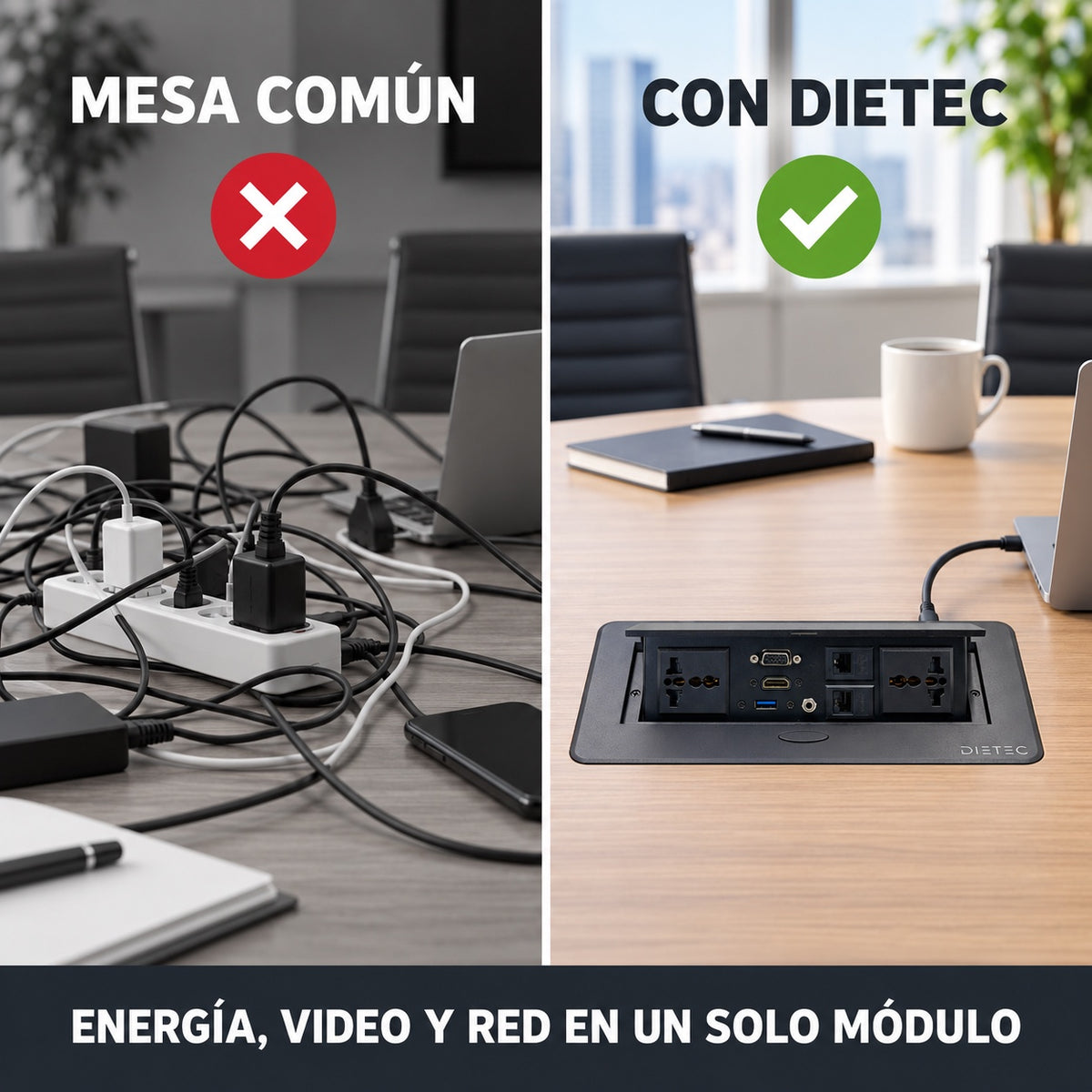 Mesa común con cables vs mesa ordenada con caja de conexión DIETEC