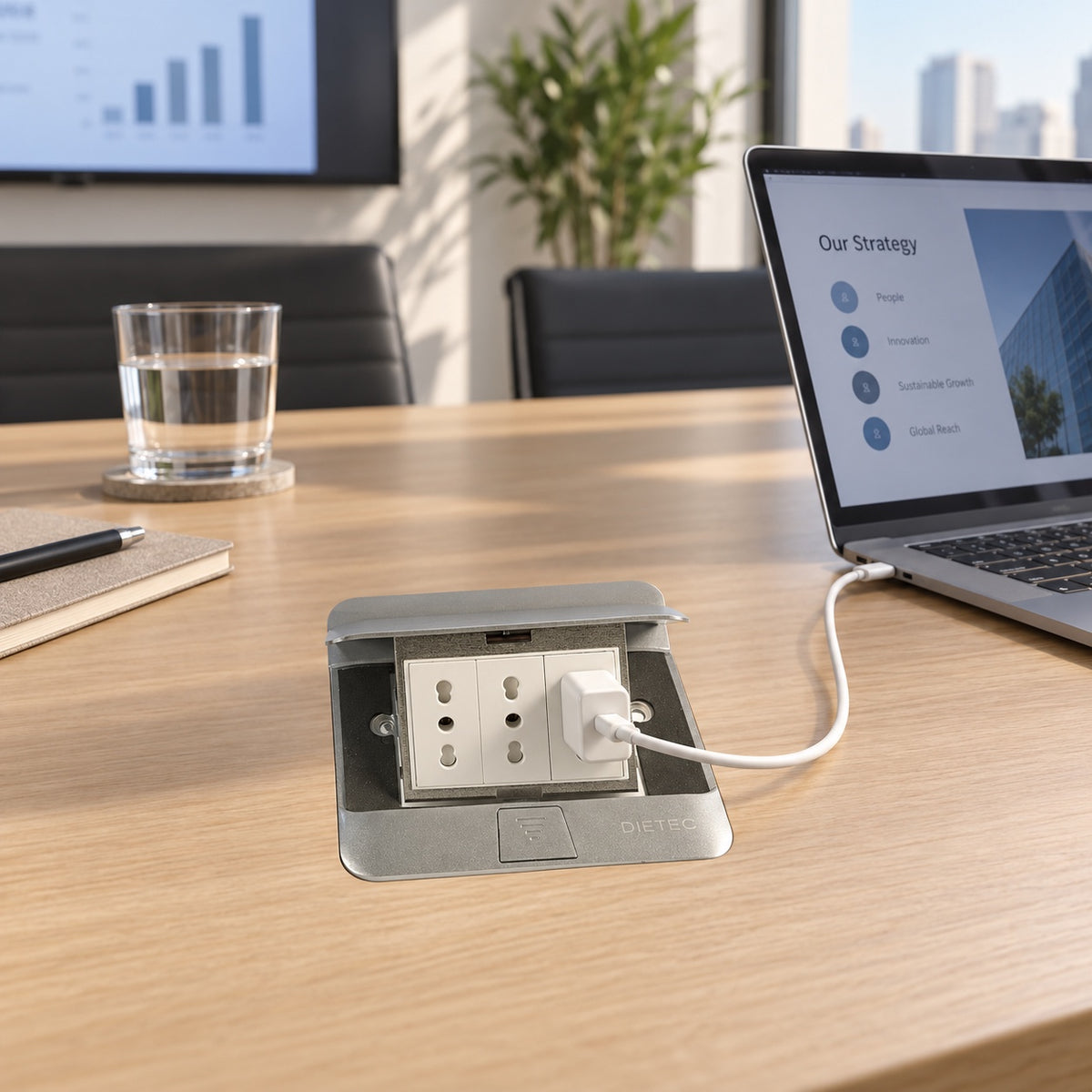 Caja pop up DIETEC empotrada a ras en una mesa de reuniones con un cargador enchufado