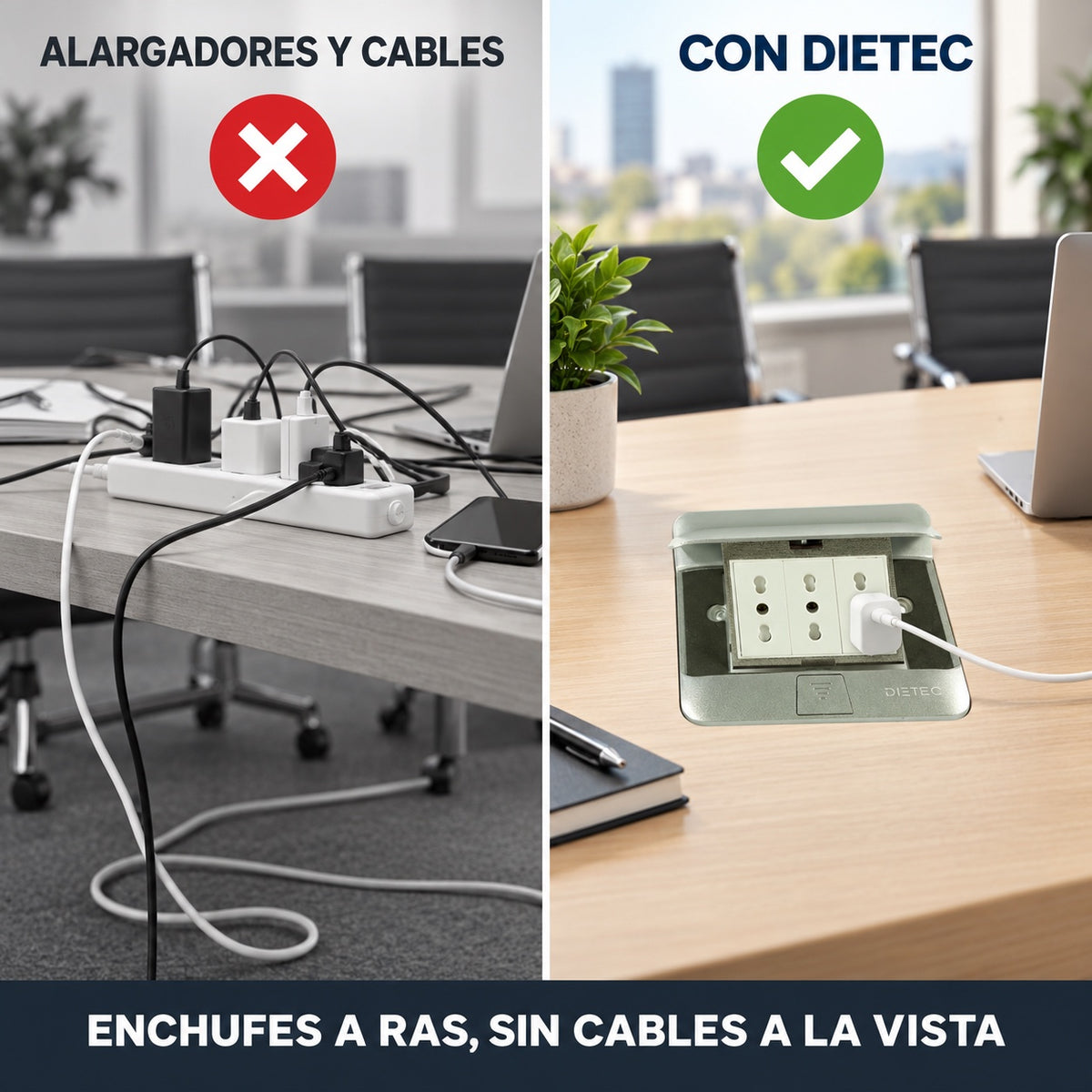 Mesa con alargadores y cables vs mesa ordenada con caja pop up DIETEC empotrada
