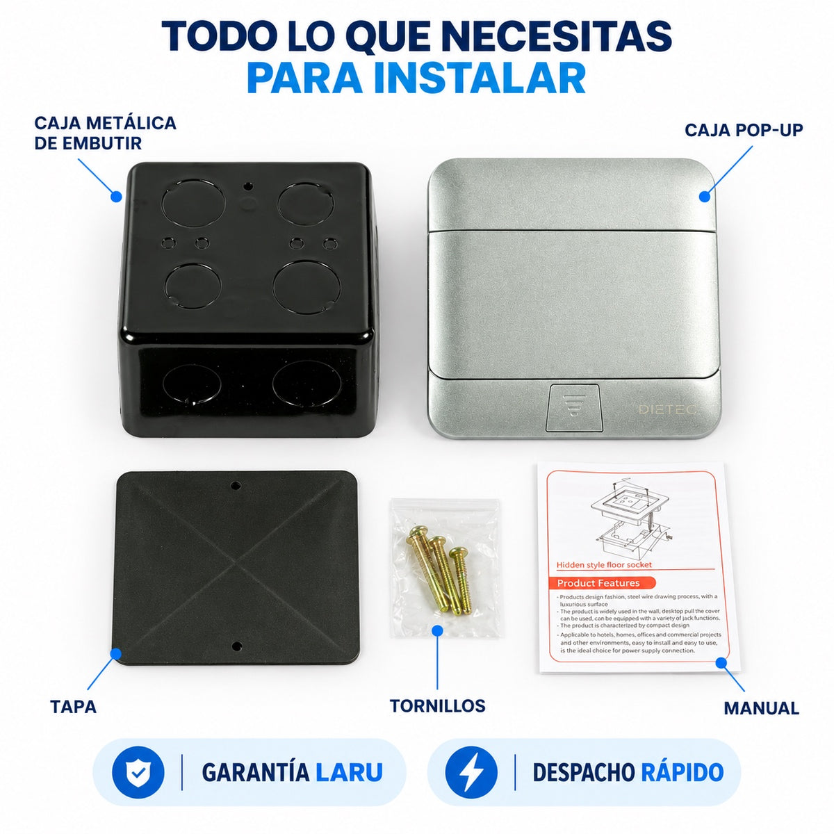 Contenido de la caja pop up DIETEC: caja metálica de embutir, tapa, tornillos y manual