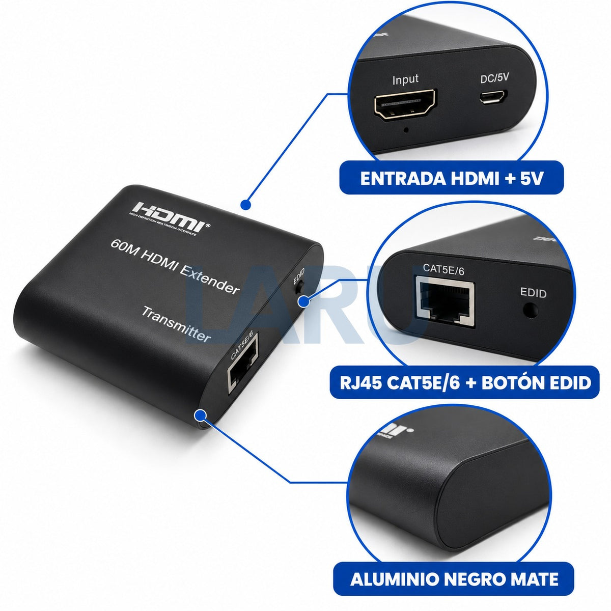 Detalle de puertos del extensor HDMI: entrada HDMI, micro USB 5V, RJ45 Cat5e/6 y EDID