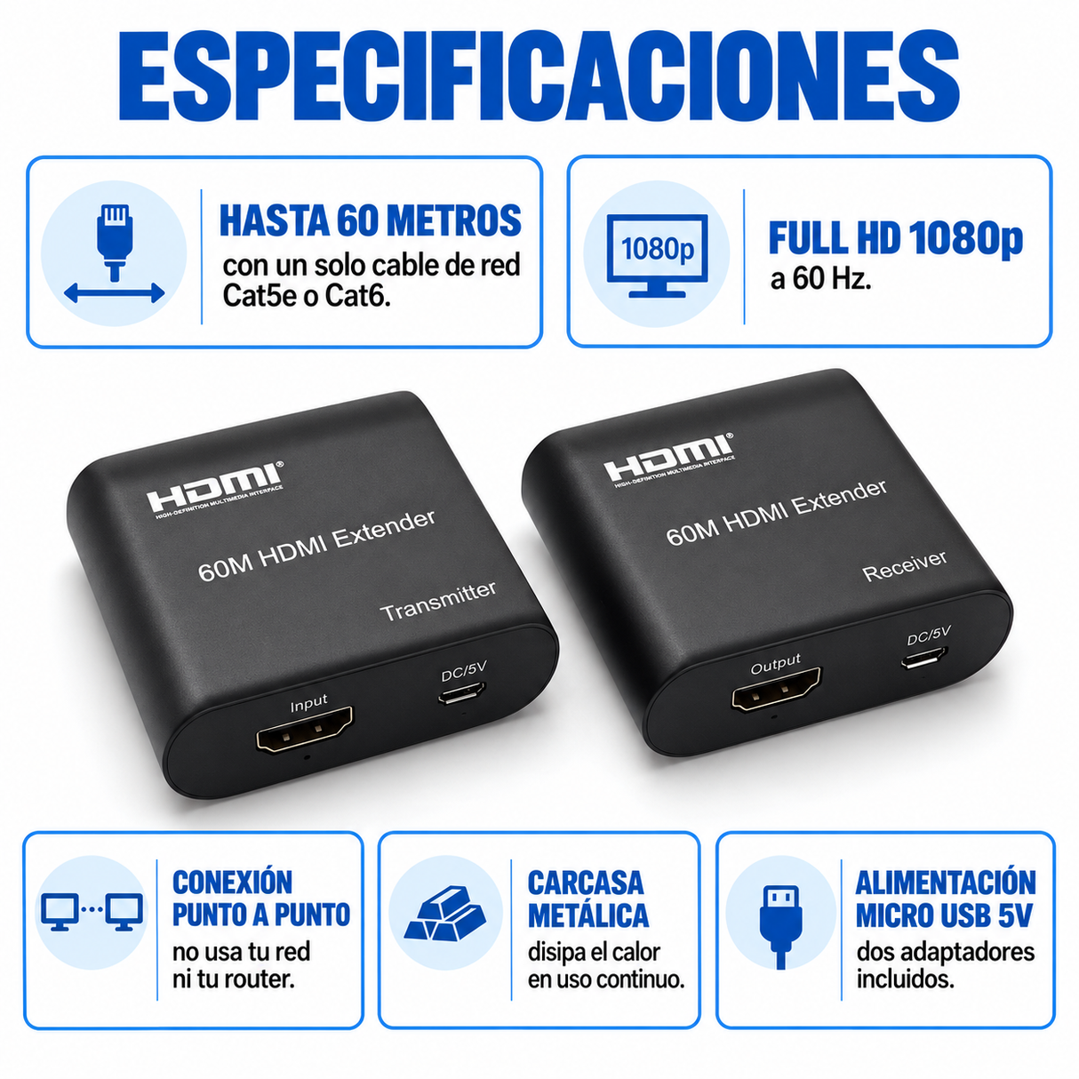 Especificaciones del extensor HDMI 60m: alcance, 1080p, punto a punto, carcasa metálica