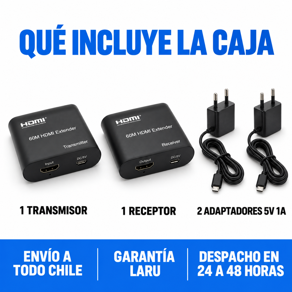Qué incluye la caja: transmisor, receptor y dos adaptadores 5V 1A