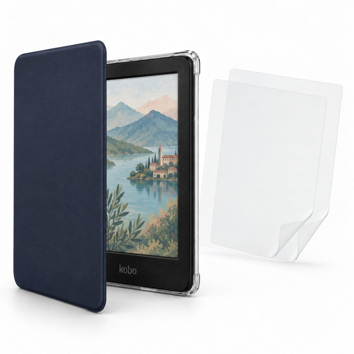 Funda DIETEC azul marino para Kobo Clara Colour y Clara BW con tapa abierta y 2 micas mate