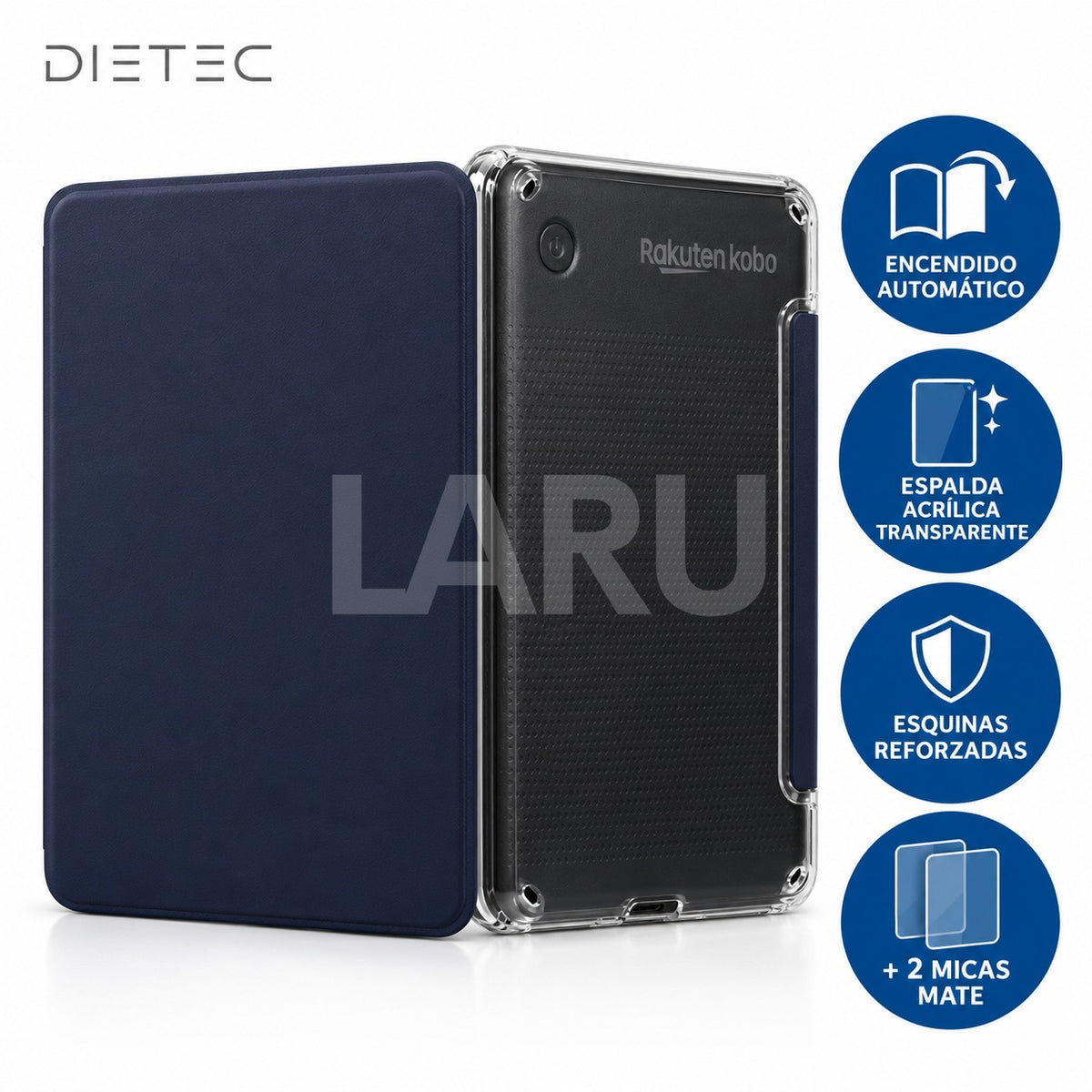 Funda DIETEC azul marino Kobo Clara: encendido automático, espalda acrílica transparente, esquinas reforzadas y 2 micas