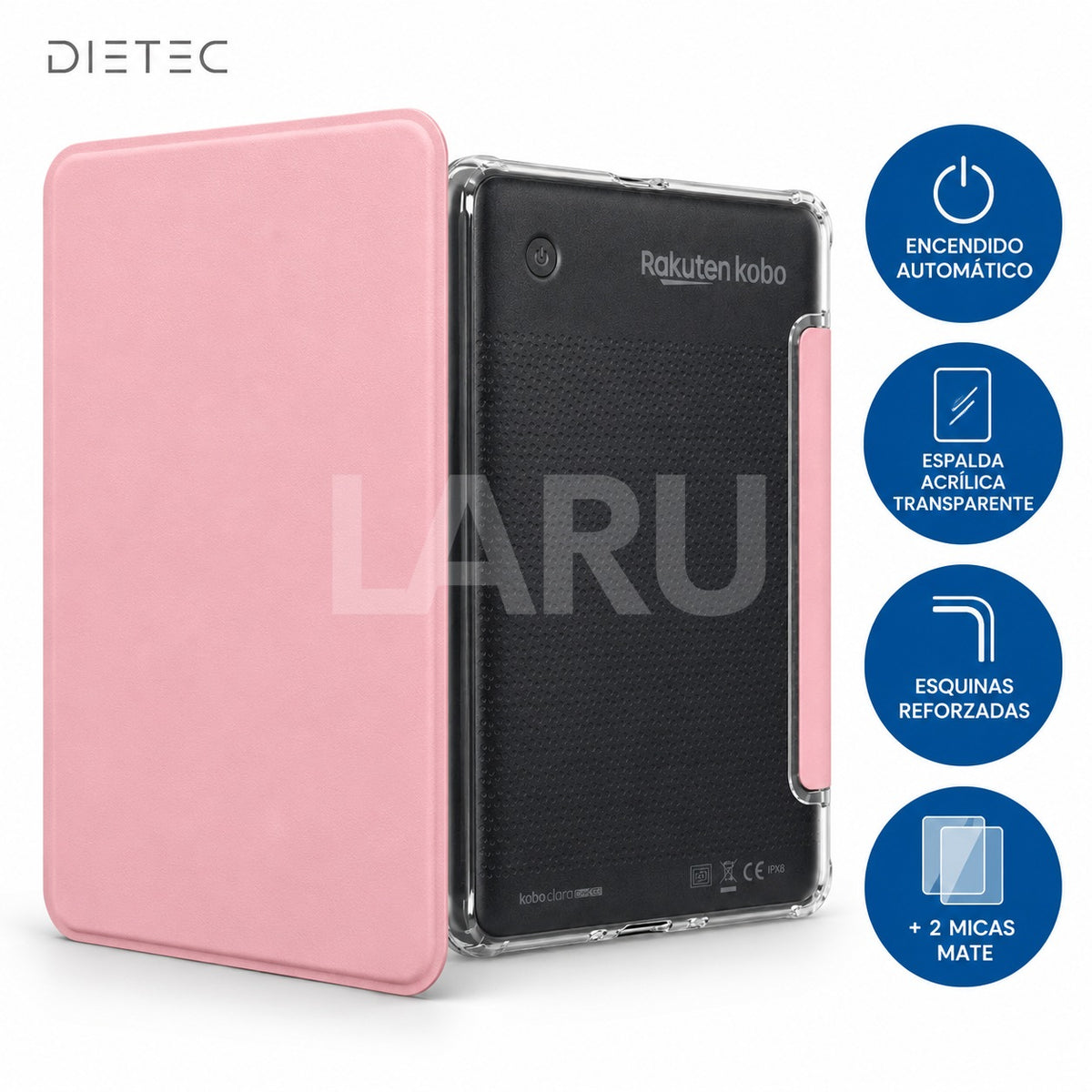 Funda DIETEC rosa Kobo Clara: encendido automático, espalda acrílica transparente, esquinas reforzadas y 2 micas