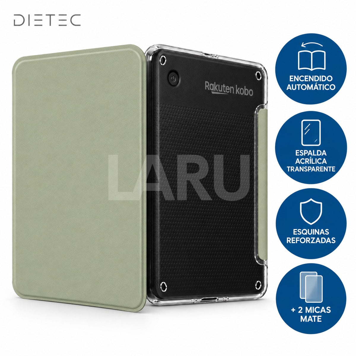 Funda DIETEC verde matcha Kobo Clara: encendido automático, espalda acrílica transparente, esquinas reforzadas y 2 micas