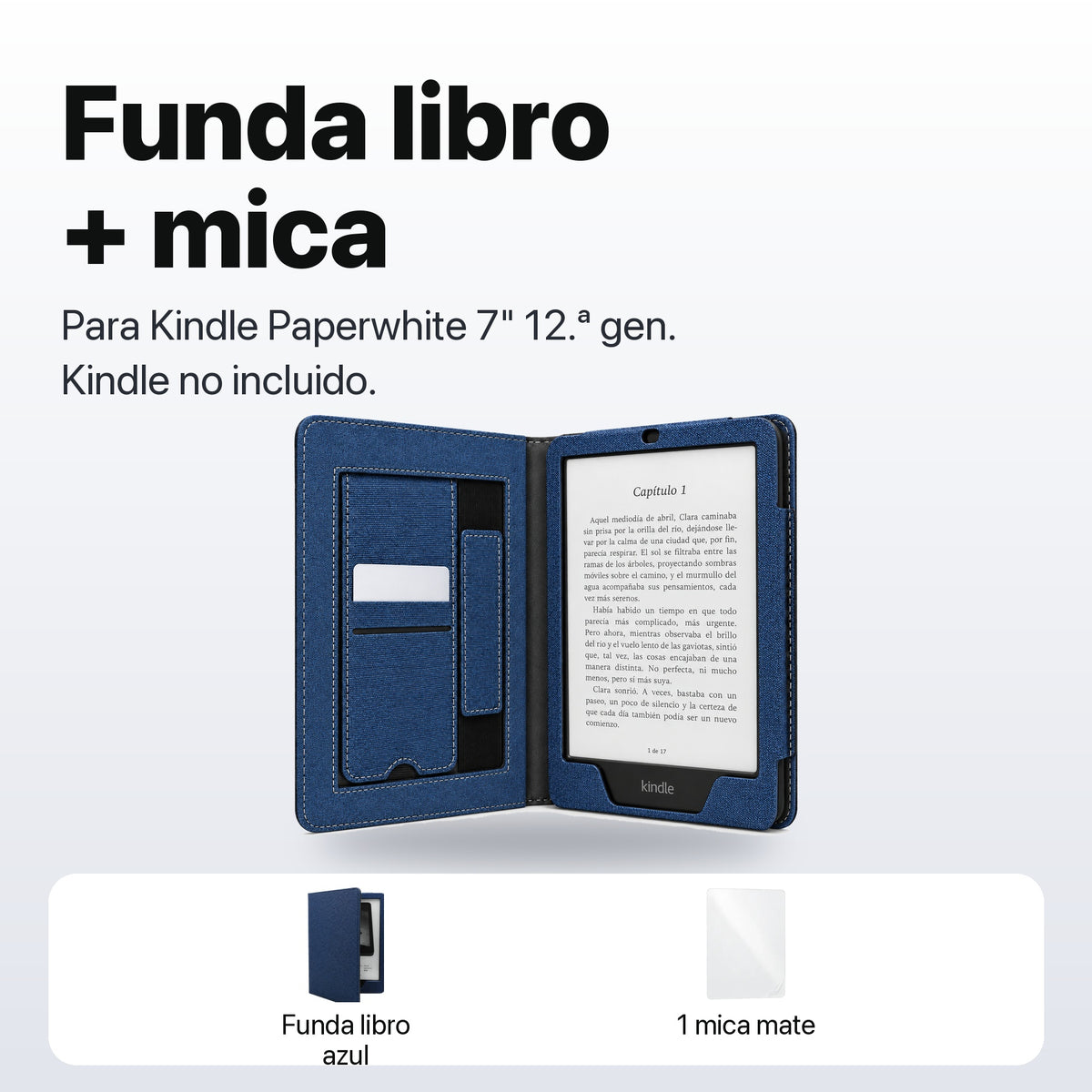 Qué incluye: funda libro azul y 1 mica mate, Kindle no incluido