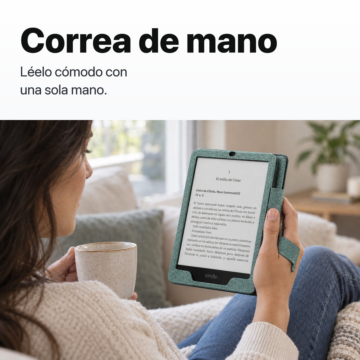 Funda libro verde agua Kindle Paperwhite con correa de mano