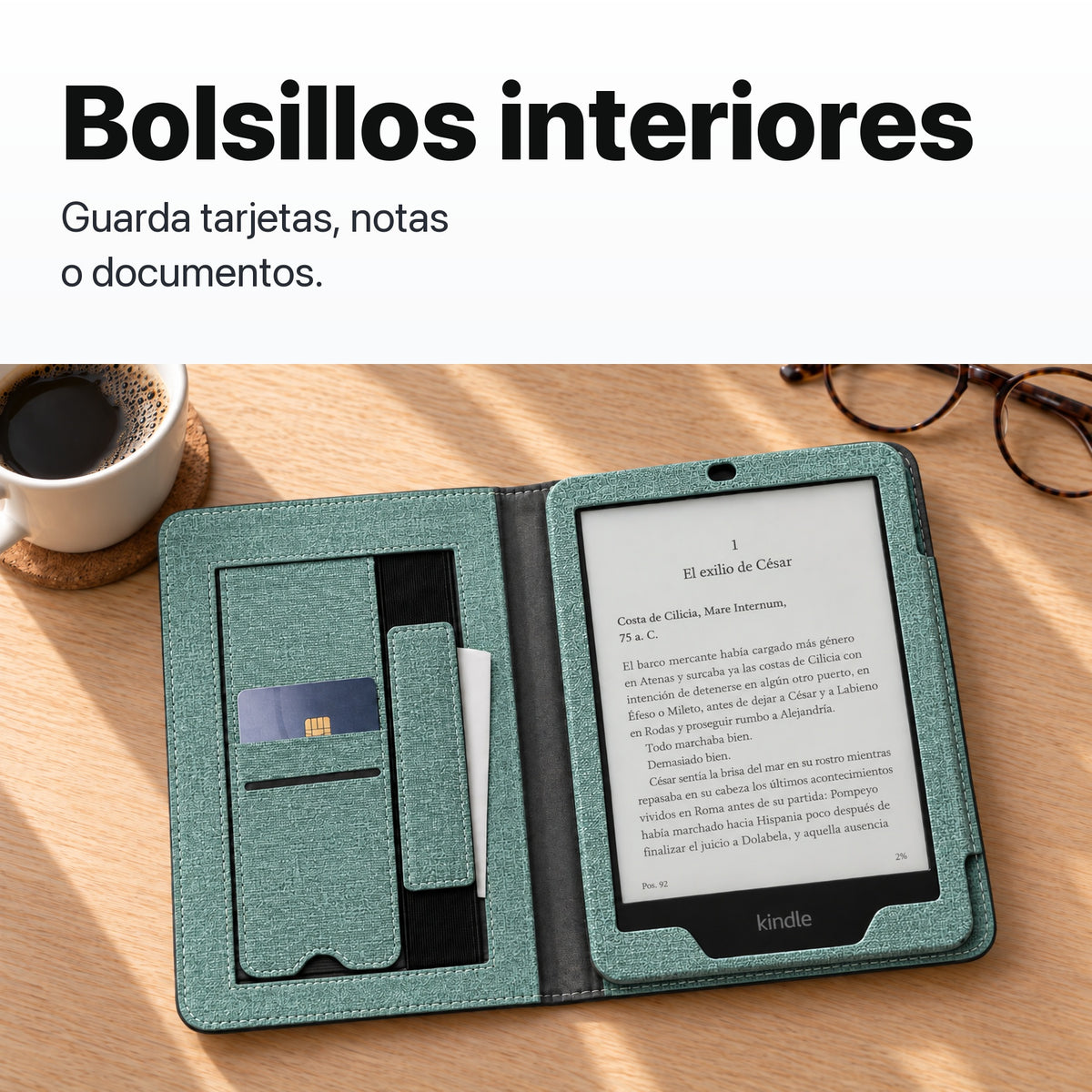Bolsillos interiores de la funda libro verde agua para Kindle