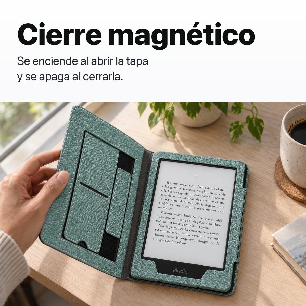 Funda libro verde agua con cierre magnético para Kindle Paperwhite
