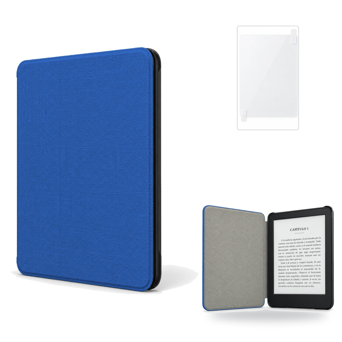 Funda premium microfibra azul para Kindle 2022/2024 de 6 pulgadas con lámina