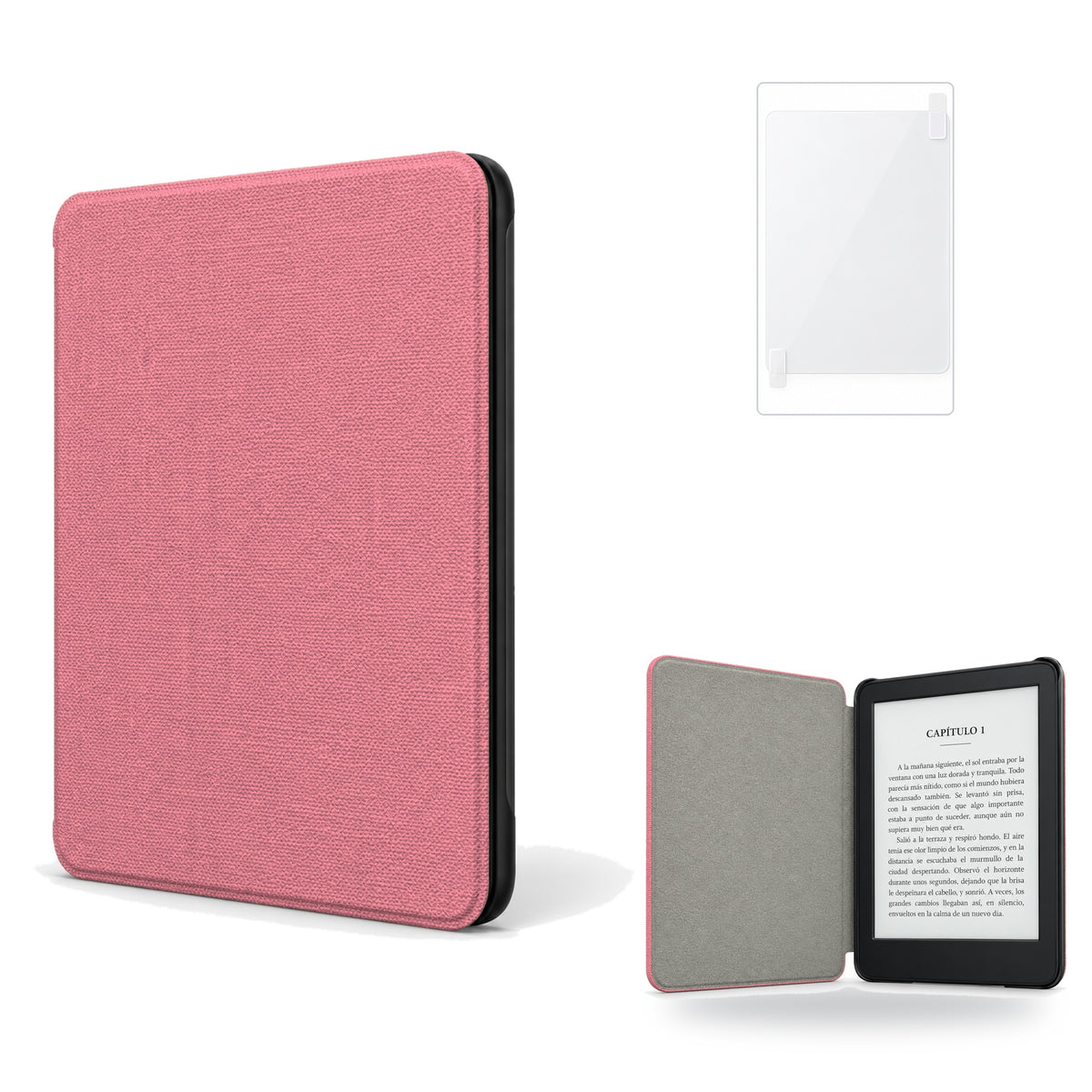 Funda premium microfibra rosa para Kindle 2022/2024 de 6 pulgadas con lámina