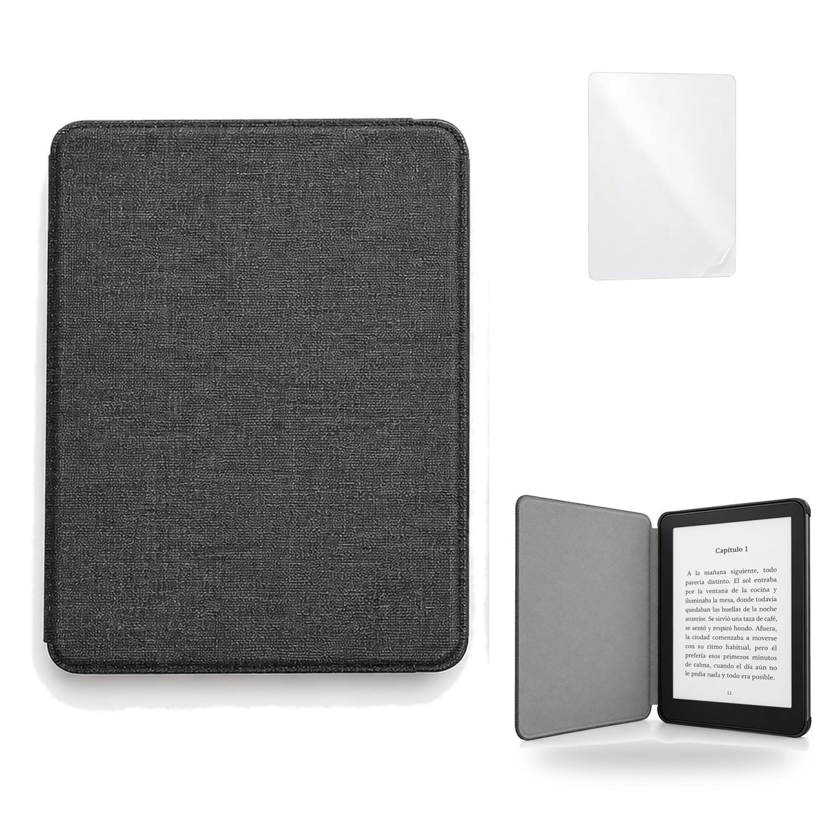 Funda premium microfibra negra para Kindle Paperwhite 2024 de 7 pulgadas con mica