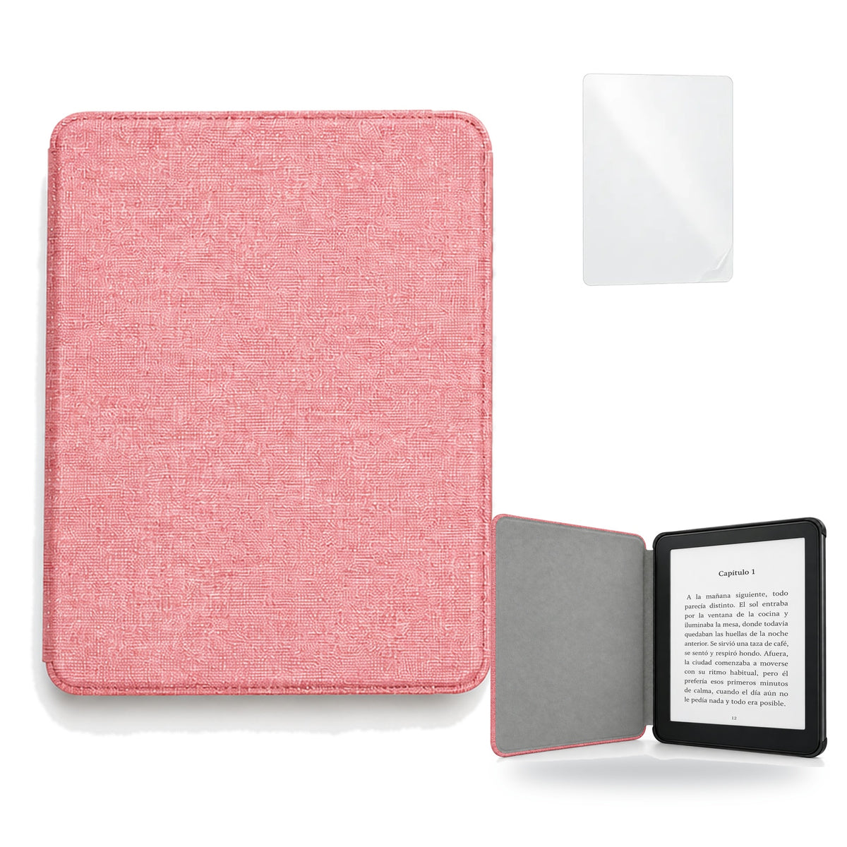 Funda premium microfibra rosa para Kindle Paperwhite 2024 de 7 pulgadas con mica