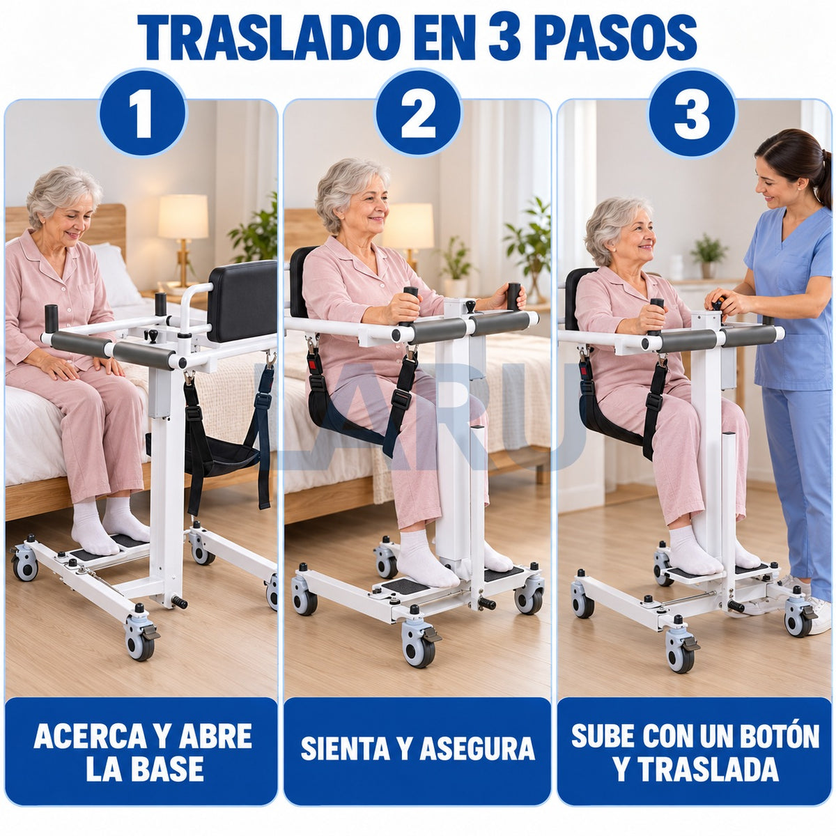 Grúa de Traslado Eléctrica Plegable para Pacientes - cómo funciona en 3 pasos