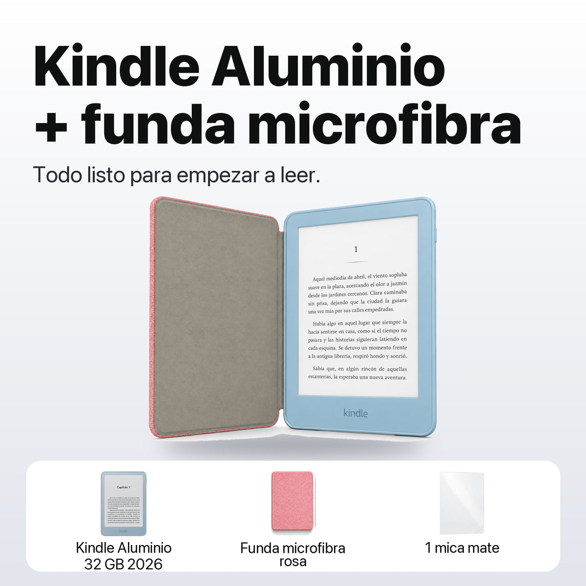 Kindle 2026 Aluminio color Azul Alpine Sky con funda microfibra rosa - qué incluye el pack
