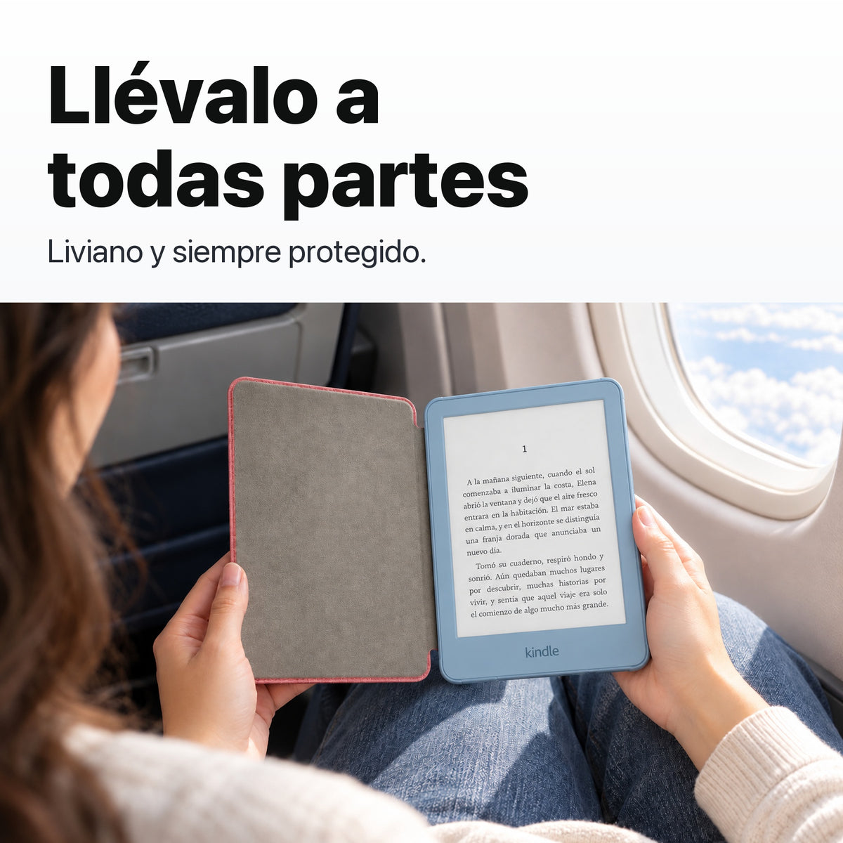 Kindle 2026 Aluminio color Azul Alpine Sky con funda microfibra rosa - llévalo de viaje