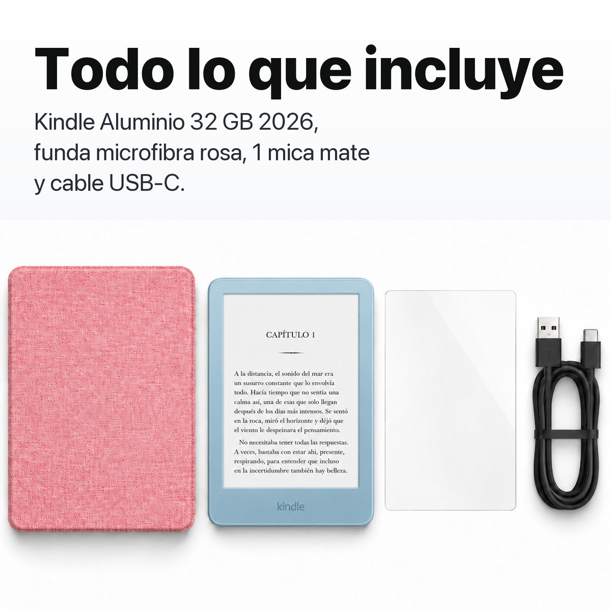 Kindle 2026 Aluminio color Azul Alpine Sky con funda microfibra rosa - todo lo que incluye