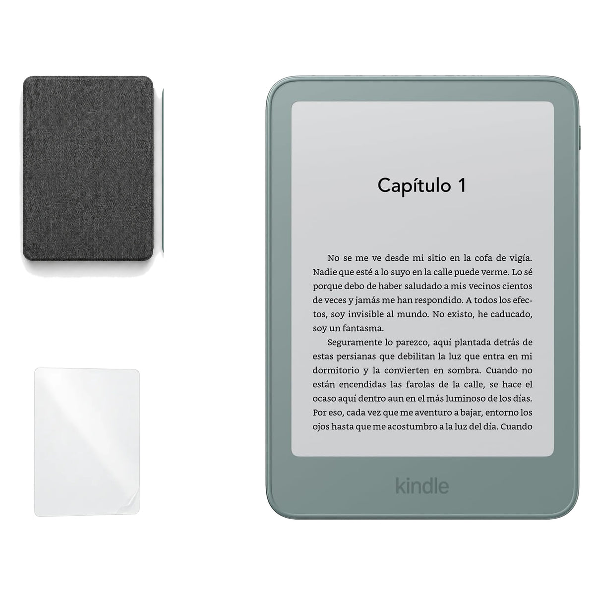 Kindle 2026 Aluminio color Verde Seaglass con funda microfibra negra - portada