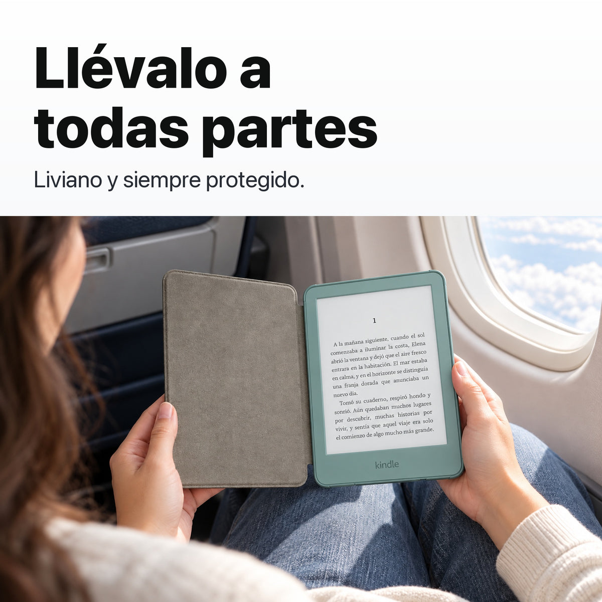 Kindle 2026 Aluminio color Verde Seaglass con funda microfibra negra - llévalo de viaje