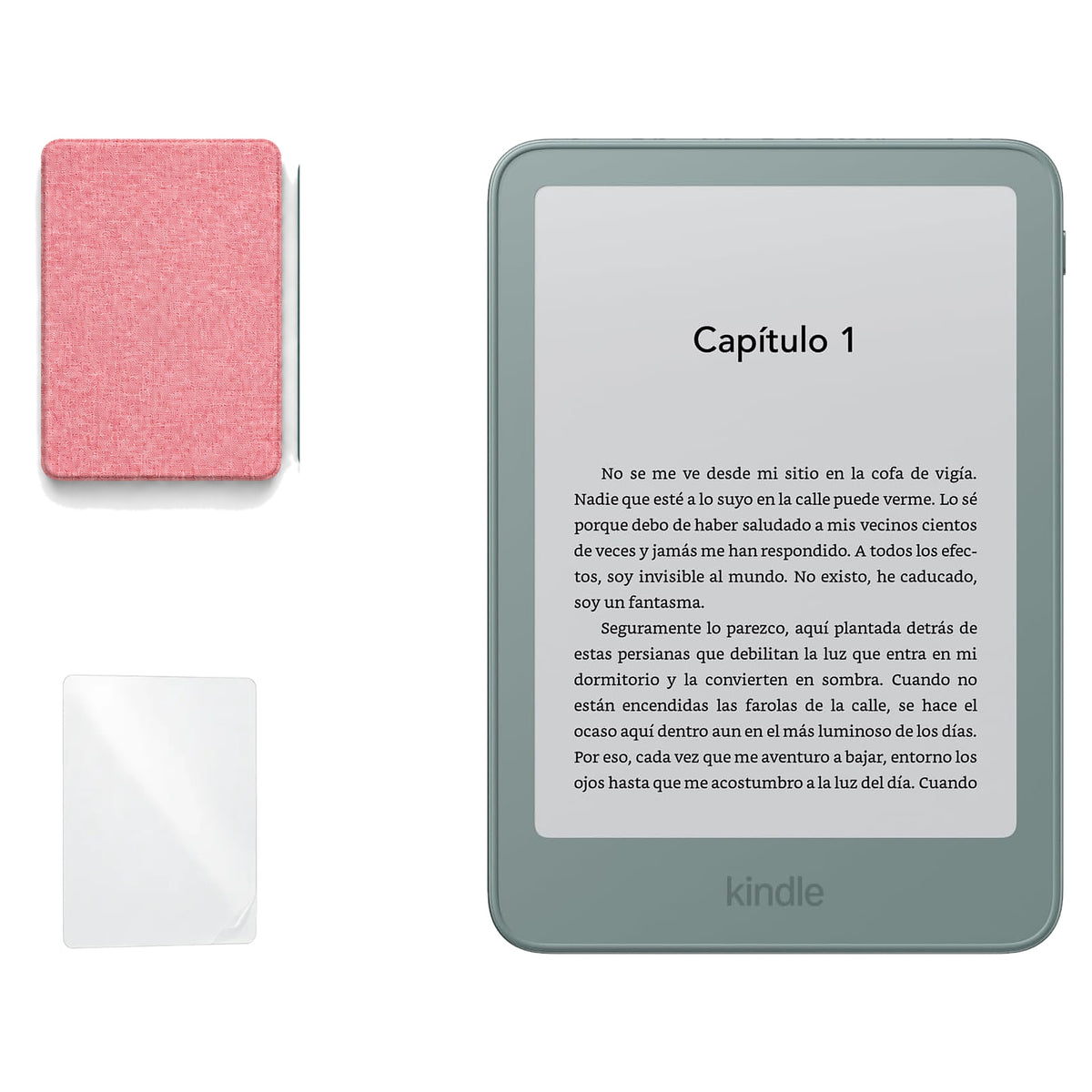 Kindle 2026 Aluminio color Verde Seaglass con funda microfibra rosa - portada