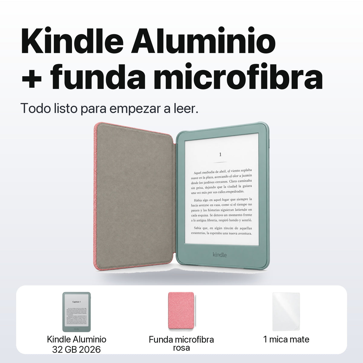 Kindle 2026 Aluminio color Verde Seaglass con funda microfibra rosa - qué incluye el pack
