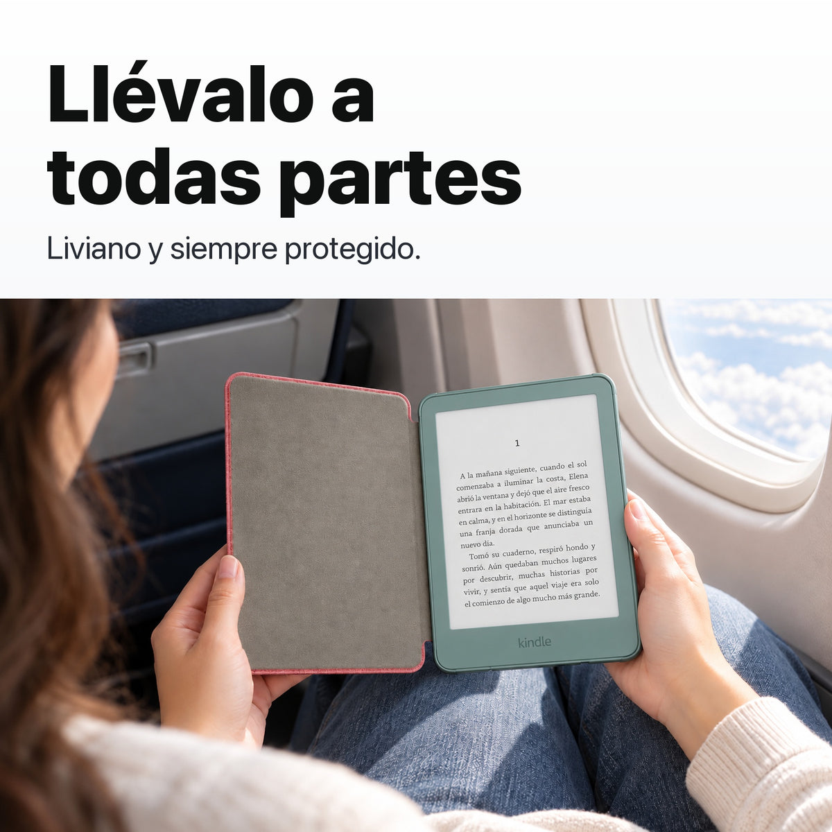Kindle 2026 Aluminio color Verde Seaglass con funda microfibra rosa - llévalo de viaje